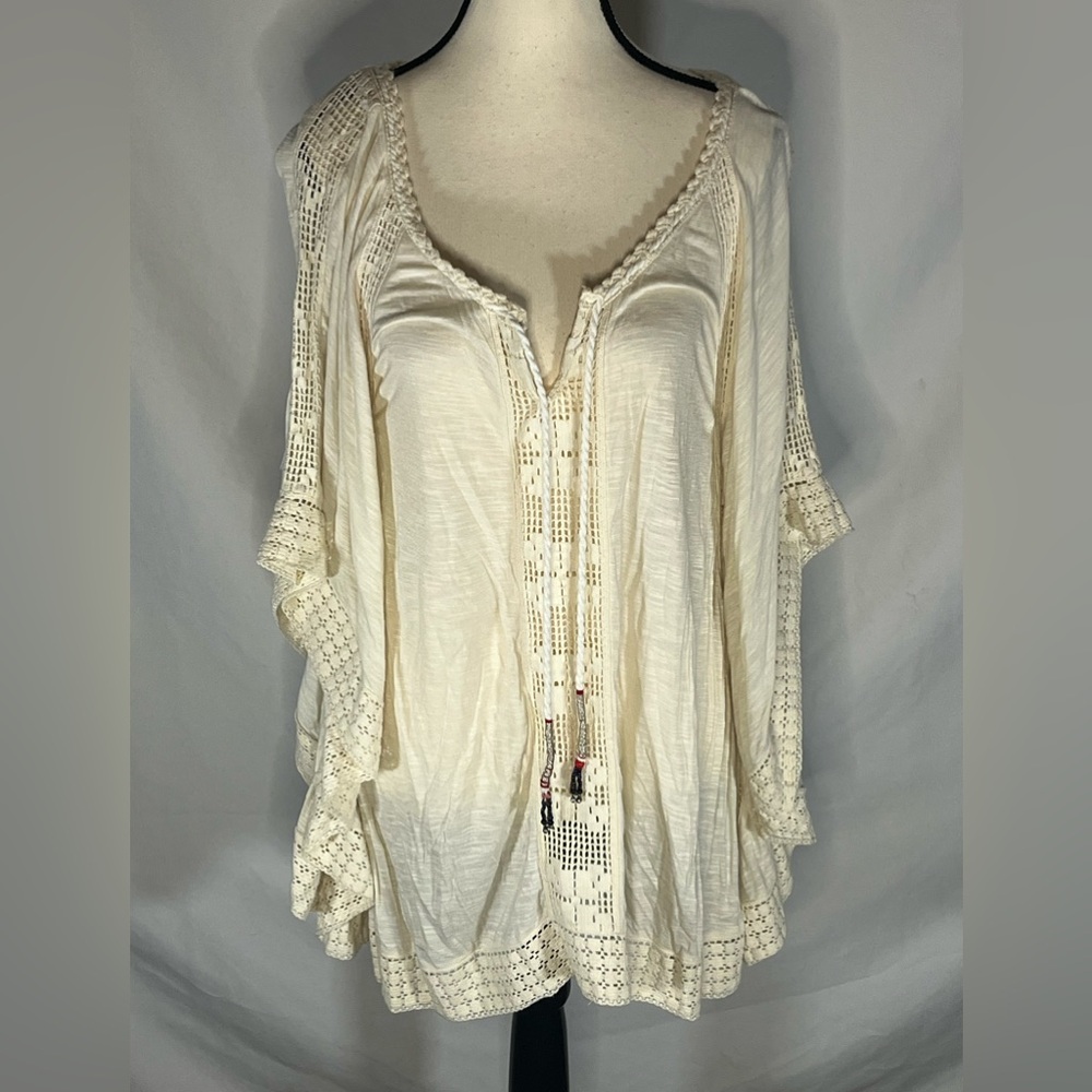 Free People Slib Knit Crochet Lace Butterfly Sleeve Tassel Ivory Tunic Medium